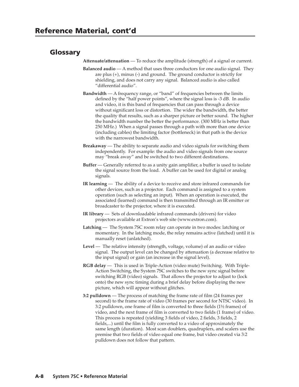 Glossary, Reference material, cont’d | Extron electronic System 7SC User Manual | Page 72 / 74