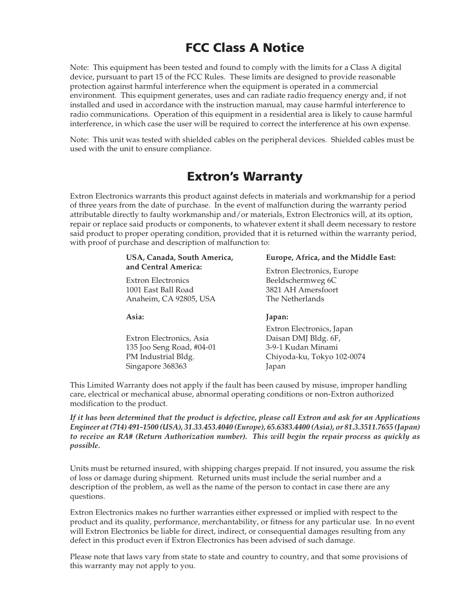 Inside rear cover: fcc notice, warranty, Fcc class a notice, Extron’s warranty | Extron electronic System 7SC User Manual | Page 73 / 74