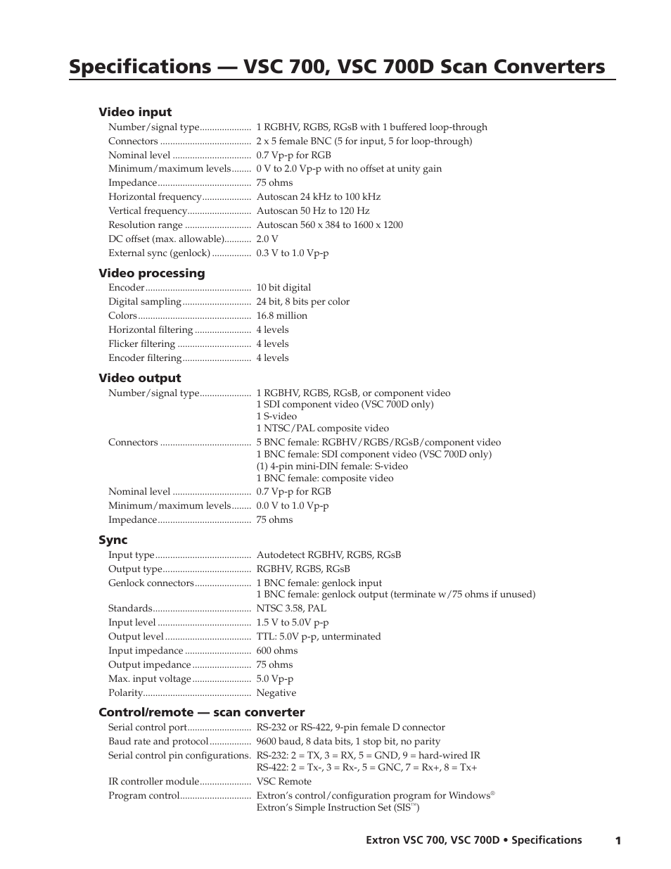 Extron electronic Scan Converter VSC 700 User Manual | 2 pages