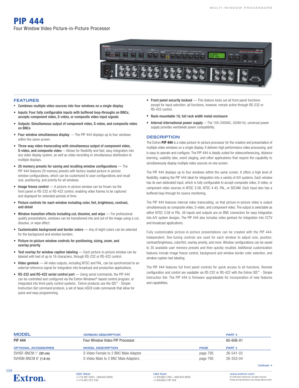 Extron electronic Network Device PIP 444 User Manual | 2 pages