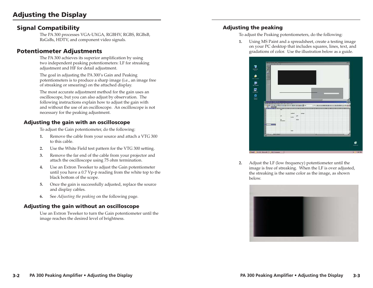 Adjusting the display, Signal compatibility, Potentiometer adjustments | Extron electronic PA 300 User Manual | Page 11 / 14