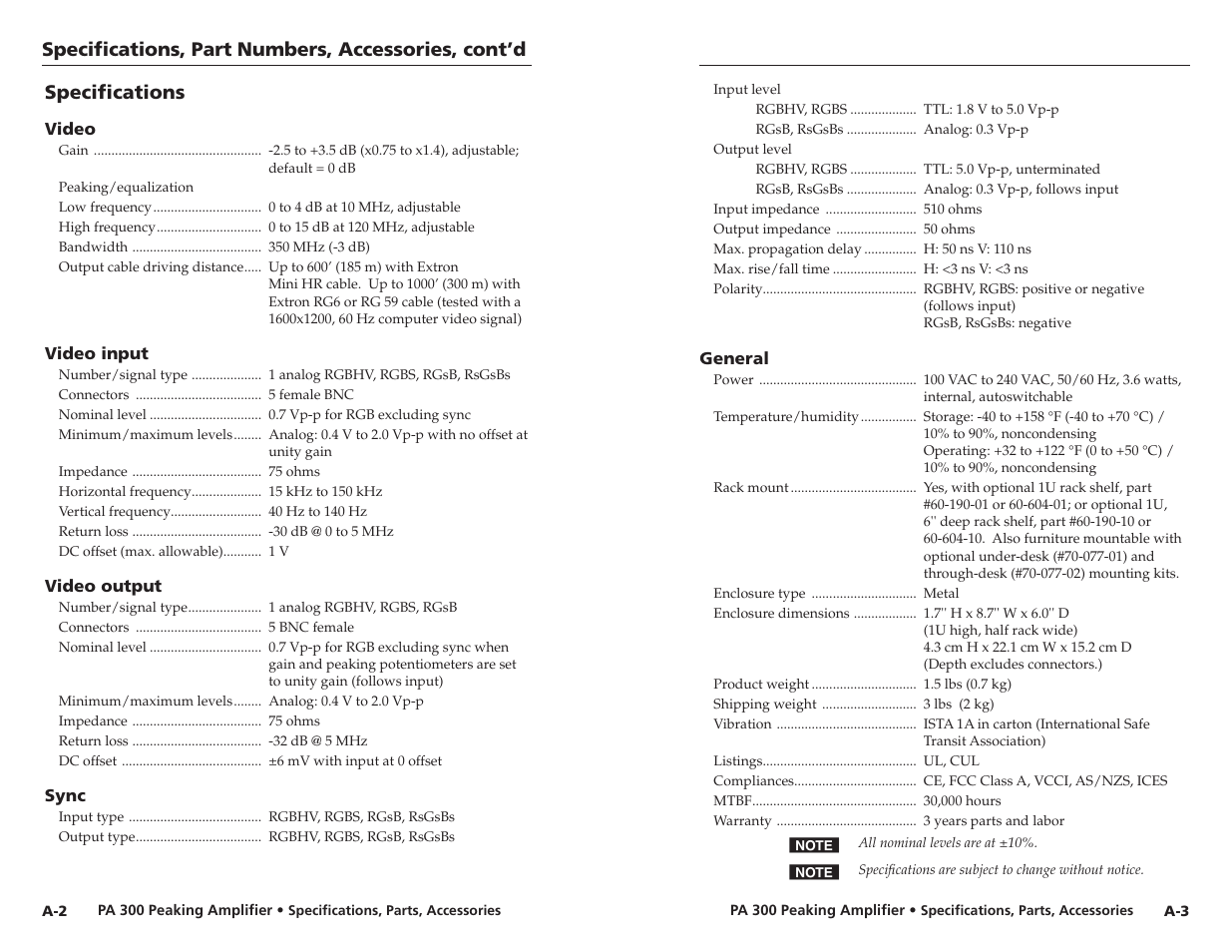 Specifi cations, part numbers, accessories, cont’d, Specifi cations | Extron electronic PA 300 User Manual | Page 13 / 14