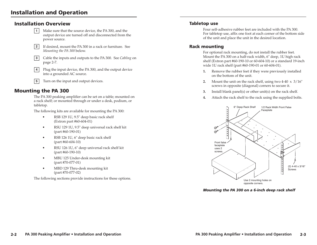 Installation and operation, Installation overview, Mounting the pa 300 | Extron electronic PA 300 User Manual | Page 7 / 14