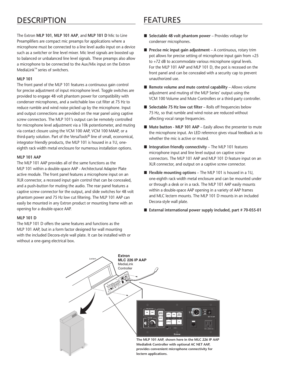 Description features | Extron electronic MLP 101 AAP User Manual | Page 2 / 4