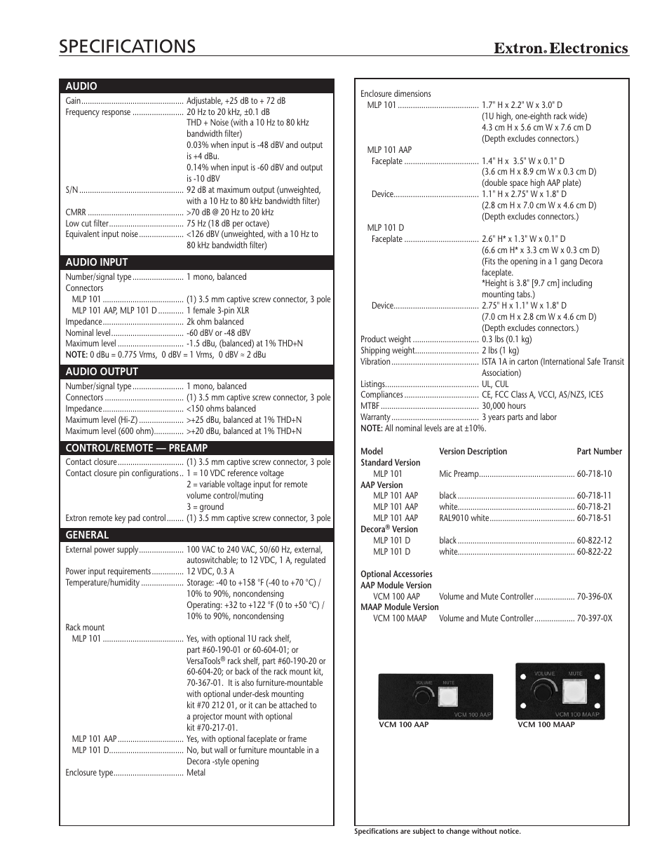 Specifications | Extron electronic MLP 101 AAP User Manual | Page 3 / 4