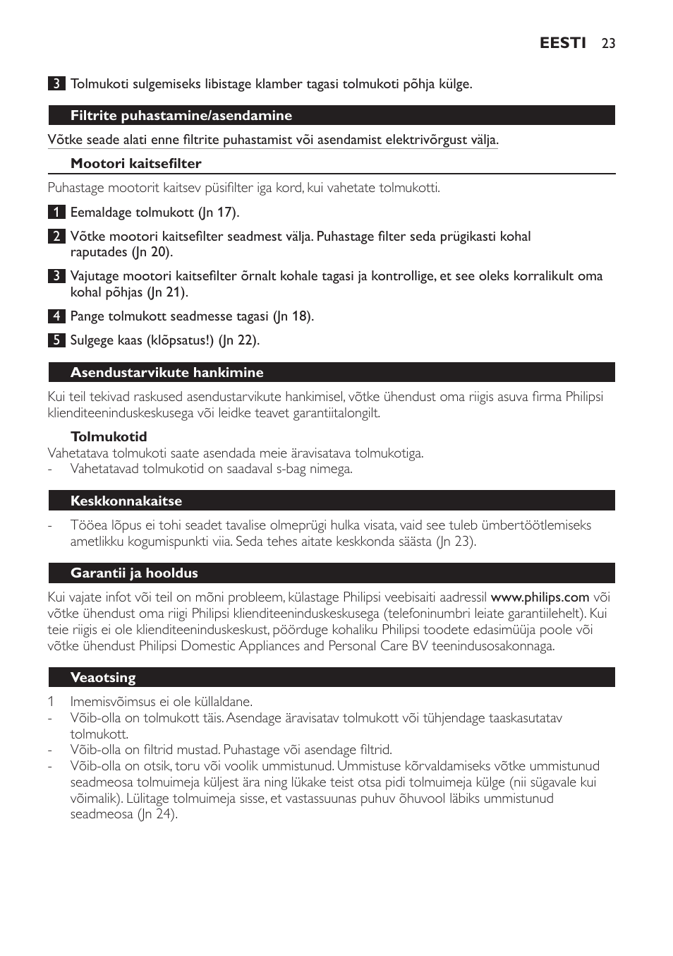 Filtrite puhastamine/asendamine, Mootori kaitsefilter, Tolmukotid | Asendustarvikute hankimine, Keskkonnakaitse, Garantii ja hooldus, Veaotsing | Philips FC8442 User Manual | Page 23 / 88