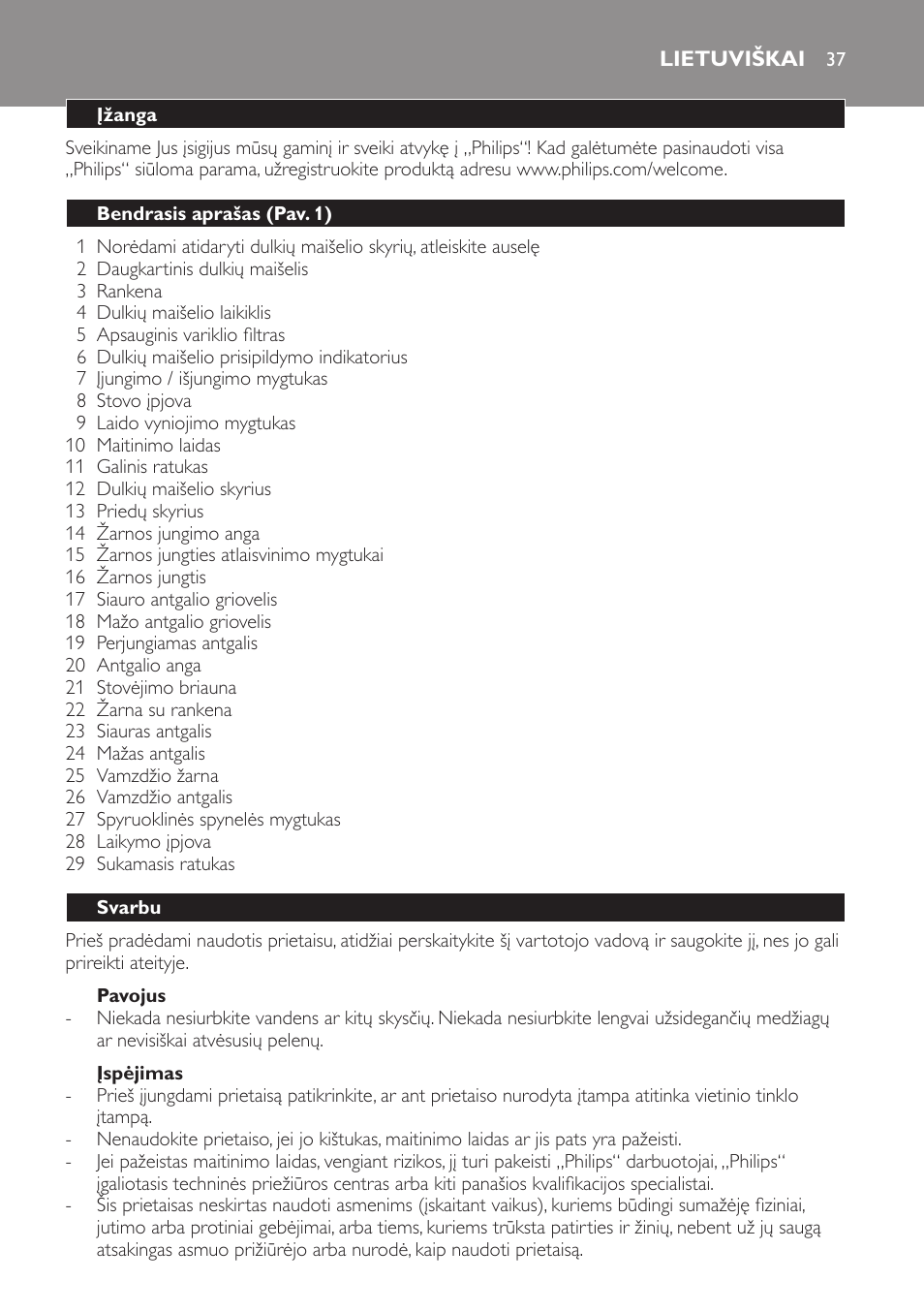 Pavojus, Įspėjimas, Lietuviškai | Įžanga, Bendrasis aprašas (pav. 1), Svarbu | Philips FC8442 User Manual | Page 37 / 88