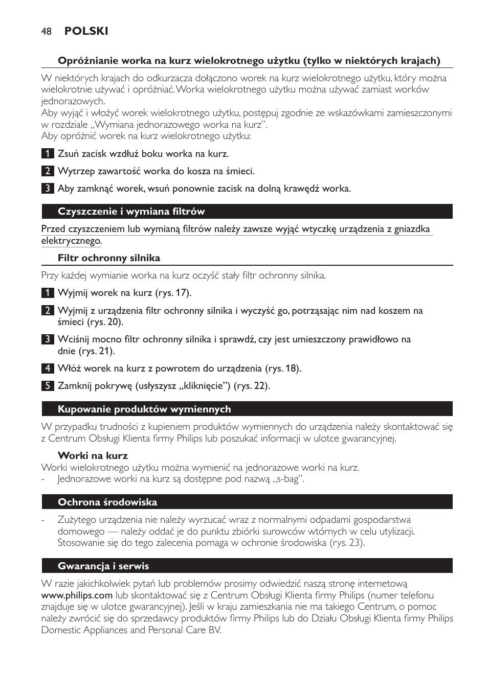 Czyszczenie i wymiana filtrów, Filtr ochronny silnika, Worki na kurz | Kupowanie produktów wymiennych, Ochrona środowiska, Gwarancja i serwis | Philips FC8442 User Manual | Page 48 / 88