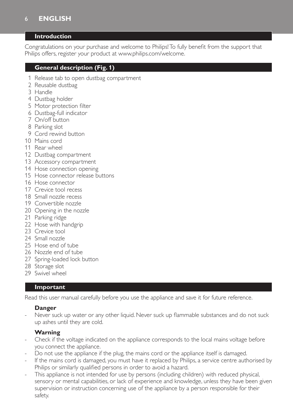 English, Introduction, General description (fig. 1) | Important, Danger, Warning | Philips FC8442 User Manual | Page 6 / 88