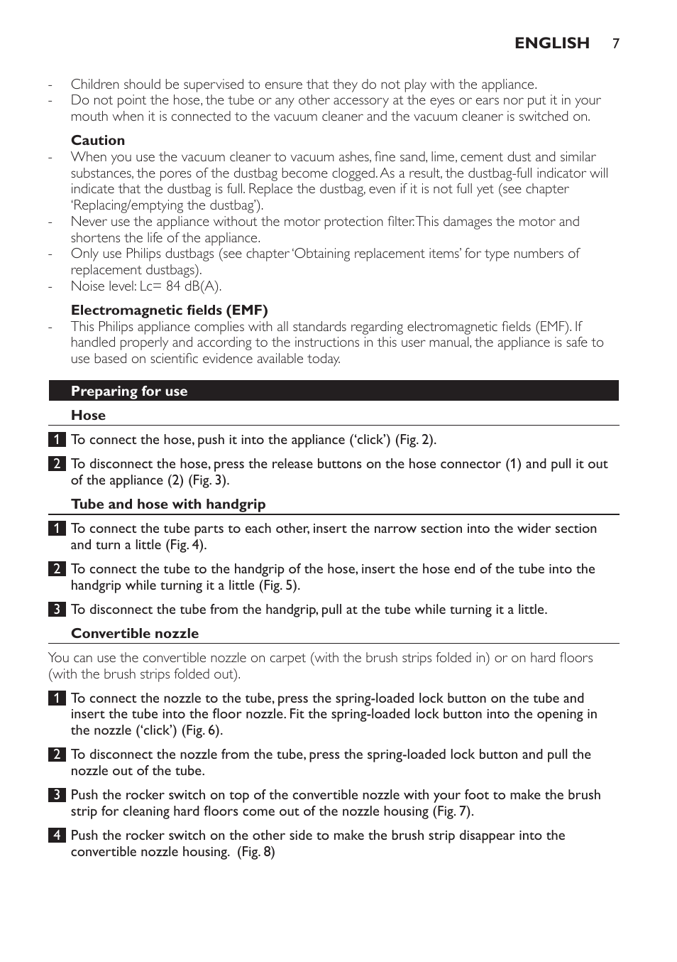 Caution, Electromagnetic fields (emf), Preparing for use | Hose, Tube and hose with handgrip, Convertible nozzle, Crevice tool and small nozzle | Philips FC8442 User Manual | Page 7 / 88