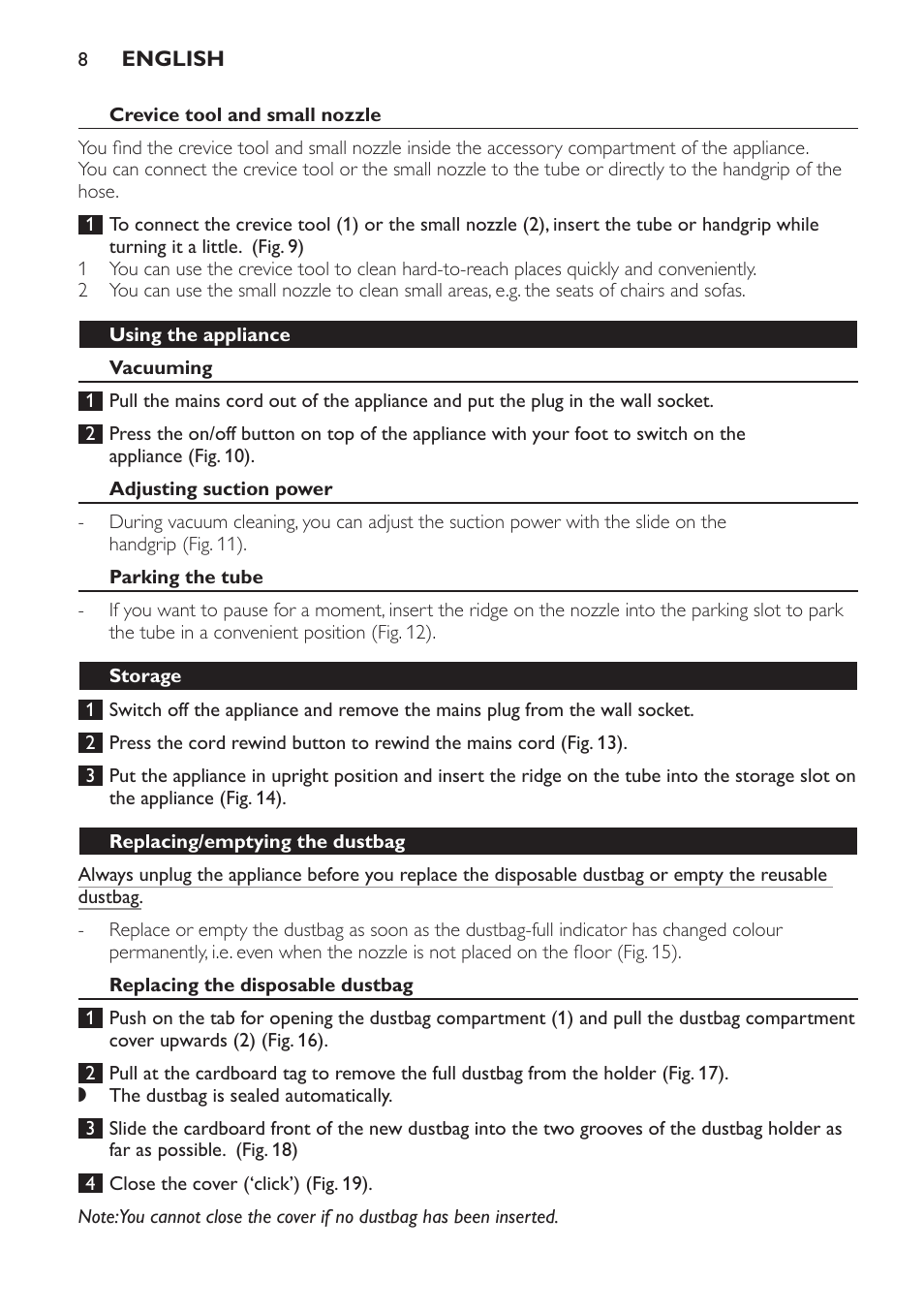 Using the appliance, Vacuuming, Adjusting suction power | Parking the tube, Storage, Replacing/emptying the dustbag, Replacing the disposable dustbag | Philips FC8442 User Manual | Page 8 / 88