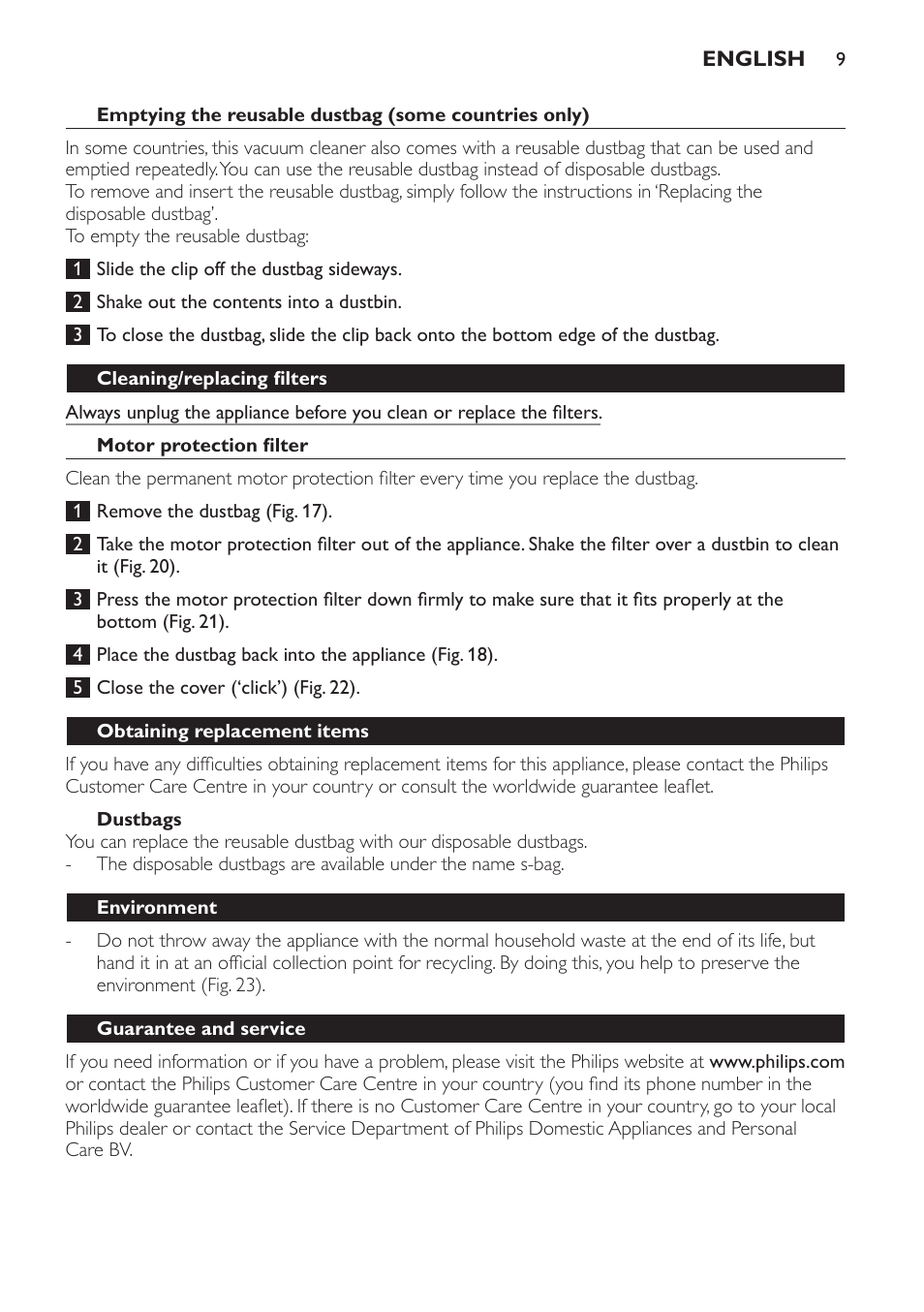 Cleaning/replacing filters, Motor protection filter, Dustbags | Obtaining replacement items, Environment, Guarantee and service, Troubleshooting | Philips FC8442 User Manual | Page 9 / 88