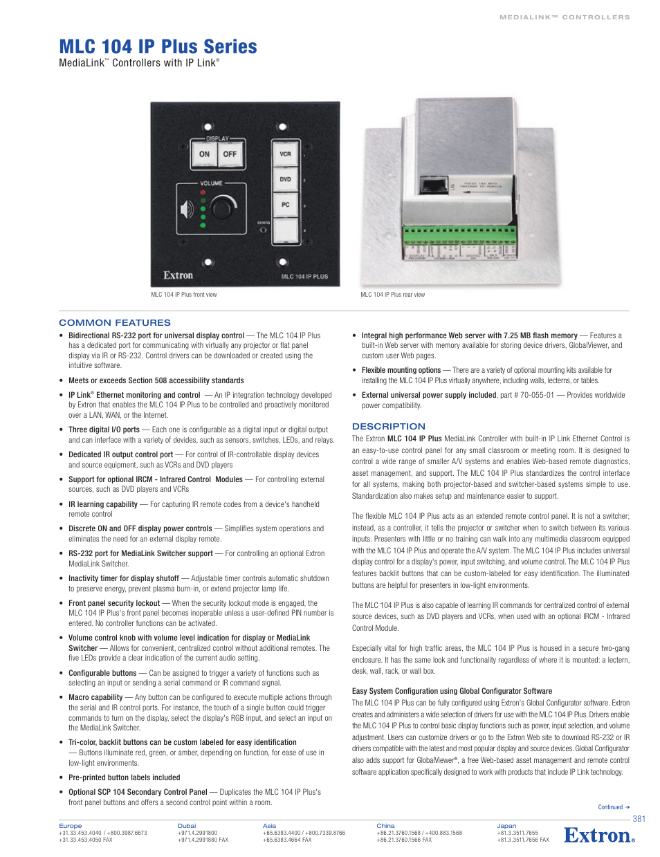 Extron electronic MediaLink Controllers with IP Link MLC 104 IP Plus User Manual | 4 pages