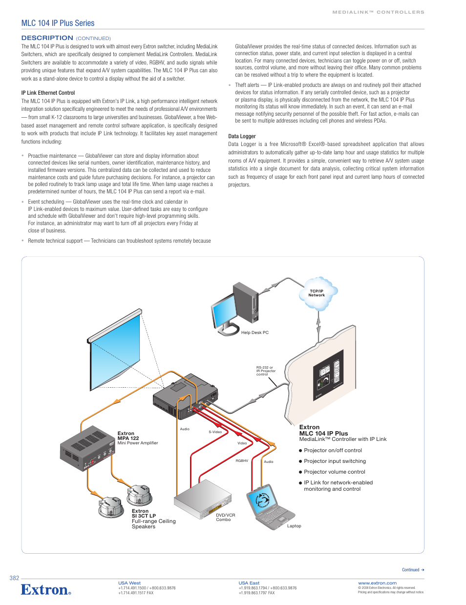 Mlc 104 ip plus series, On off, Ste reo dua l mo no | Co nf ig, Extron mlc 104 ip plus, Description, Full-range ceiling speakers | Extron electronic MediaLink Controllers with IP Link MLC 104 IP Plus User Manual | Page 2 / 4
