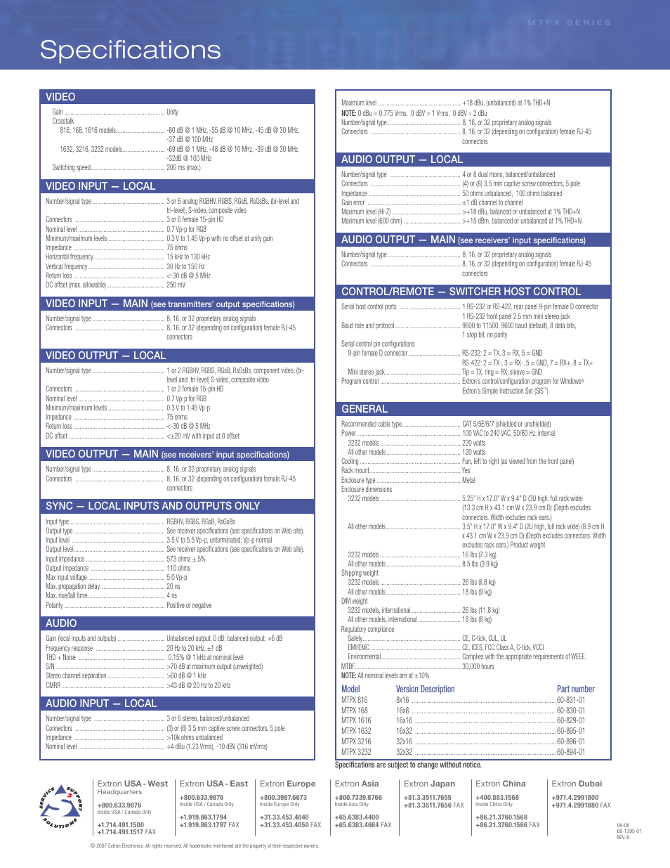 Specifications, Video, Video input — local | Video input — main, Video output — local, Video output — main, Sync — local inputs and outputs only, Audio, Audio input — local, Audio output — local | Extron electronic MTPX Series User Manual | Page 6 / 6