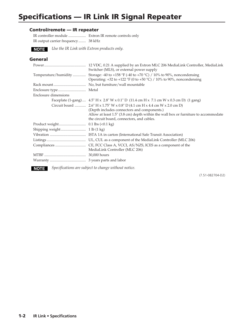 Extron electronic IR Signal Repeater IR Link User Manual | 1 page