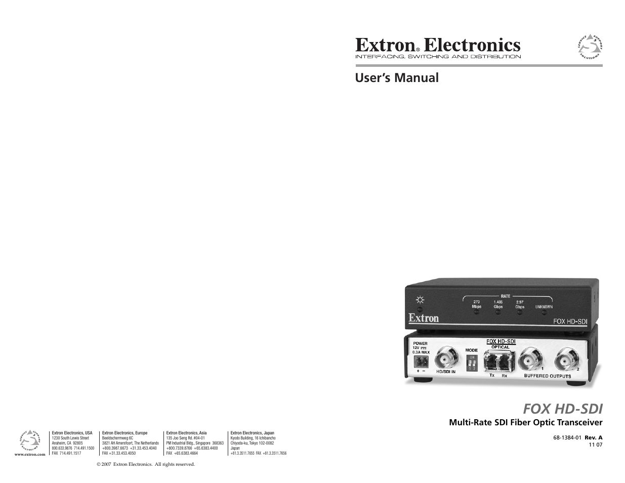 Extron electronic Multi-Rate SDI Fiber Optic Transceiver FOX HD-SDI User Manual | 20 pages