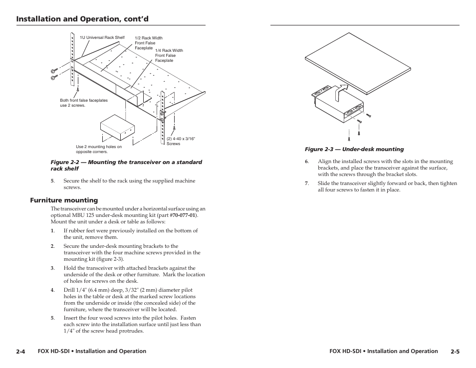 Furniture mounting, Furniture mounting -4, Installation and operation, cont’d | Extron electronic Multi-Rate SDI Fiber Optic Transceiver FOX HD-SDI User Manual | Page 11 / 20