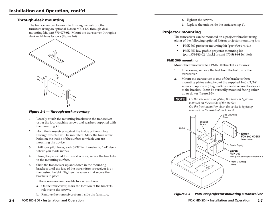 Through-desk mounting, Projector mounting, Pmk 300 mounting | Through-desk mounting -6 projector mounting -7, Pmk 300 mounting -7, Installation and operation, cont’d | Extron electronic Multi-Rate SDI Fiber Optic Transceiver FOX HD-SDI User Manual | Page 12 / 20