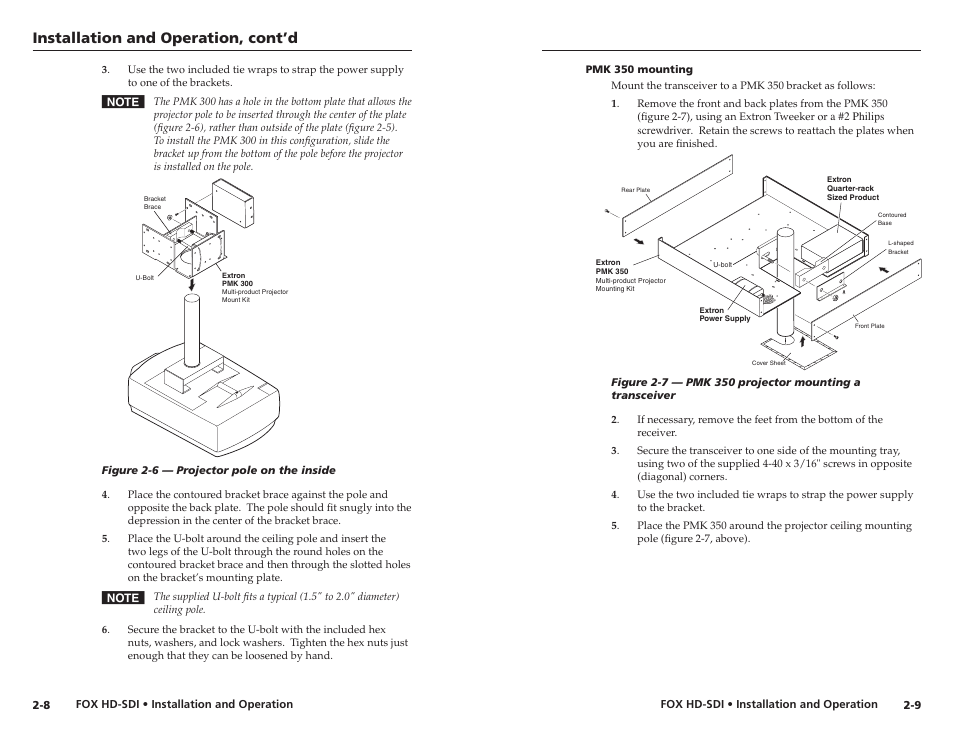 Pmk 350 mounting, Pmk 350 mounting -9, Installation and operation, cont’d | Extron electronic Multi-Rate SDI Fiber Optic Transceiver FOX HD-SDI User Manual | Page 13 / 20
