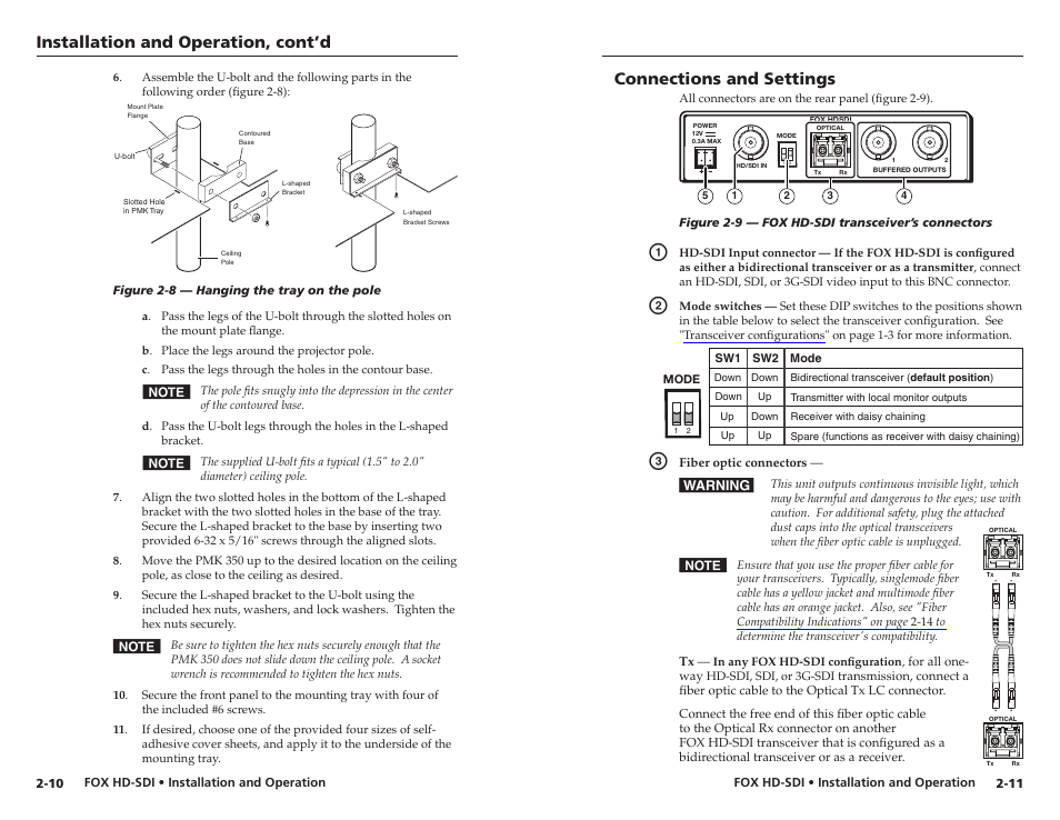 Connections and settings, Installation and operation, cont’d | Extron electronic Multi-Rate SDI Fiber Optic Transceiver FOX HD-SDI User Manual | Page 14 / 20