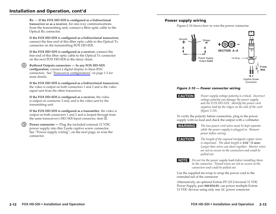 Power supply wiring, Power supply wiring -13, Installation and operation, cont’d | Extron electronic Multi-Rate SDI Fiber Optic Transceiver FOX HD-SDI User Manual | Page 15 / 20