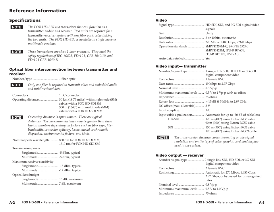 Specifications, Reference information | Extron electronic Multi-Rate SDI Fiber Optic Transceiver FOX HD-SDI User Manual | Page 18 / 20