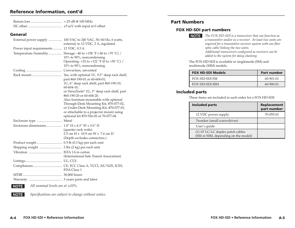 Part numbers, Fox hd-sdi part numbers, Included parts | Reference information, cont’d | Extron electronic Multi-Rate SDI Fiber Optic Transceiver FOX HD-SDI User Manual | Page 19 / 20