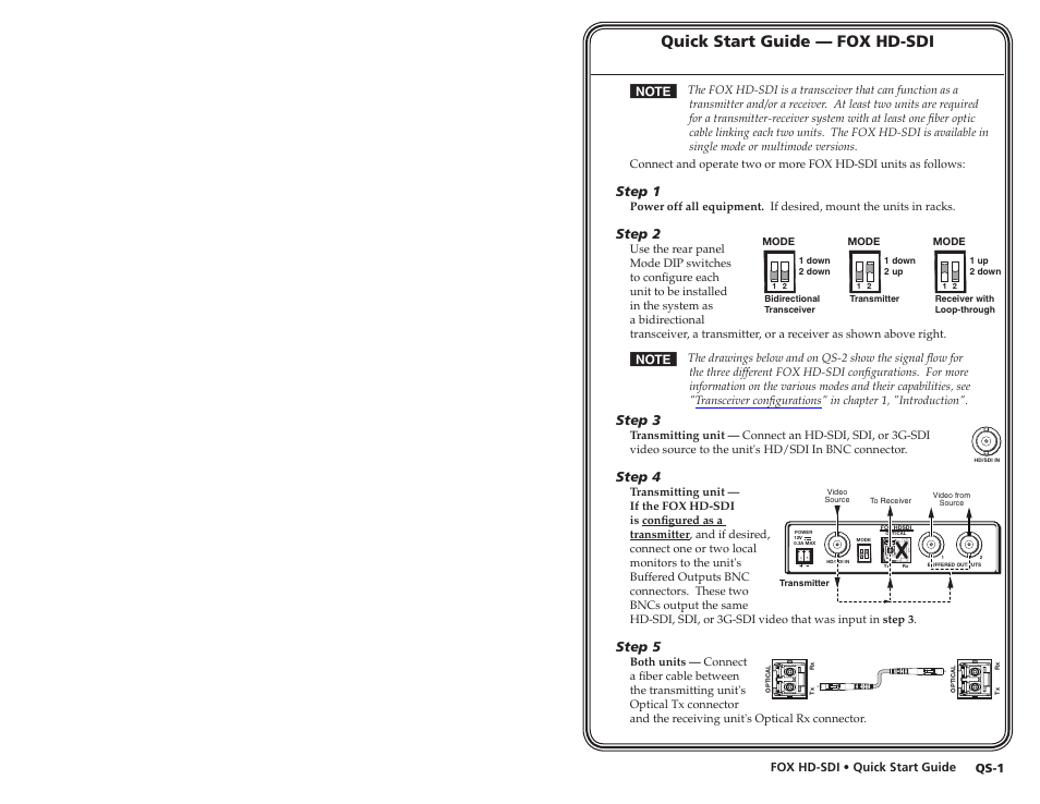 Quick start guide — fox hd-sdi, Step 1, Step 2 | Step 3, Step 4, Step 5 | Extron electronic Multi-Rate SDI Fiber Optic Transceiver FOX HD-SDI User Manual | Page 4 / 20
