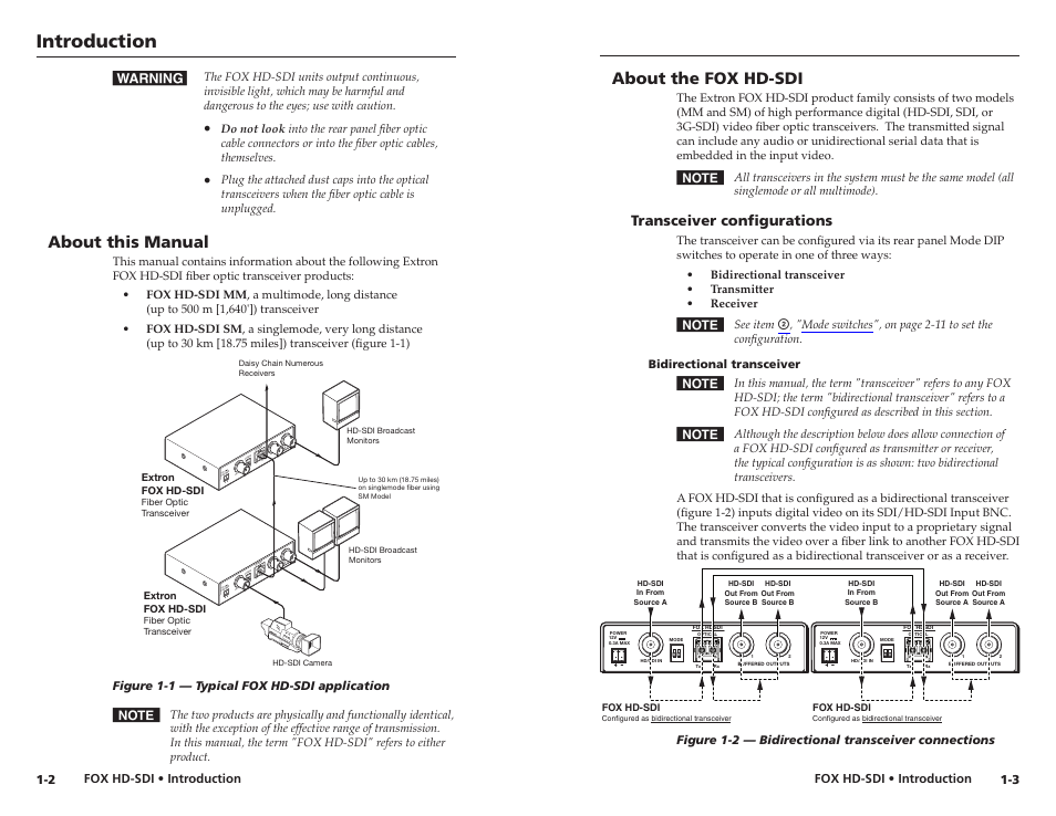 About this manual, About the fox hd-sdi, Transceiver configurations | Bidirectional transceiver, Transceiver configurations -3, Bidirectional transceiver -3, Introduction, 12v 0.2a ma x | Extron electronic Multi-Rate SDI Fiber Optic Transceiver FOX HD-SDI User Manual | Page 7 / 20