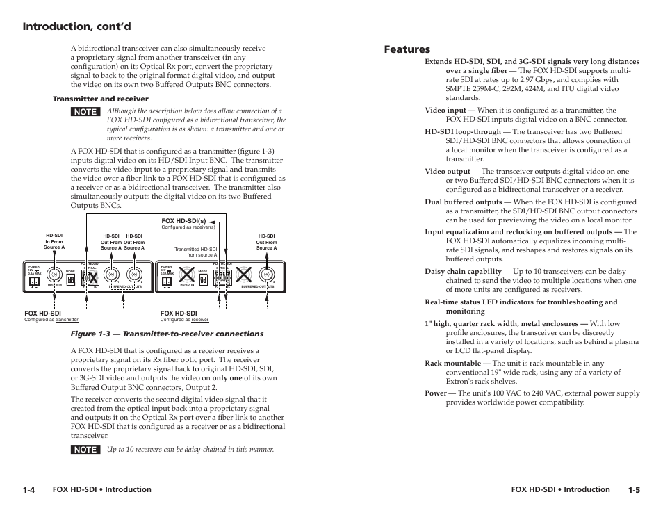 Transmitter and receiver, Features, Transmitter and receiver -4 | Introduction, cont’d | Extron electronic Multi-Rate SDI Fiber Optic Transceiver FOX HD-SDI User Manual | Page 8 / 20