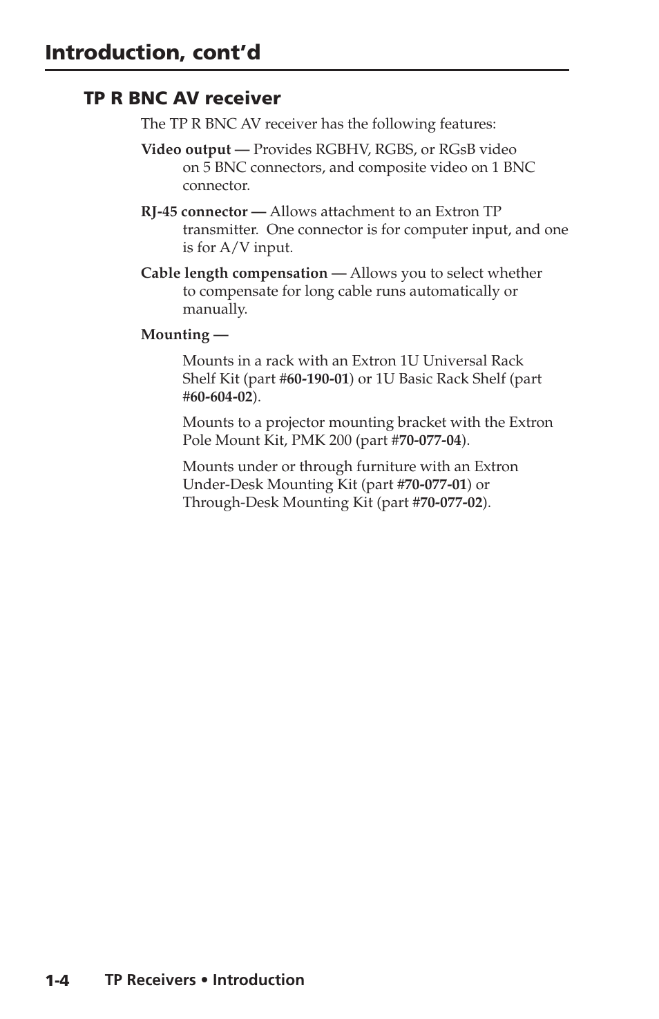 Tp r bnc av receiver, Tp r 15hd a receiver, Tp r bnc av receiver -4 tp r 15hd a receiver -4 | Introduction, cont’d | Extron electronic TP Receivers User Manual | Page 10 / 44
