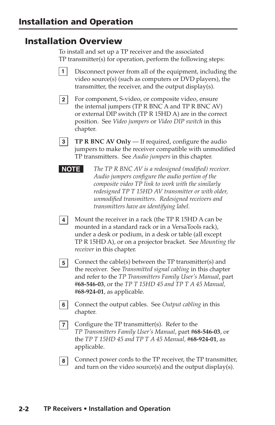 Installation overview, Installation and operation, cont’d, Installation and operation | Extron electronic TP Receivers User Manual | Page 14 / 44