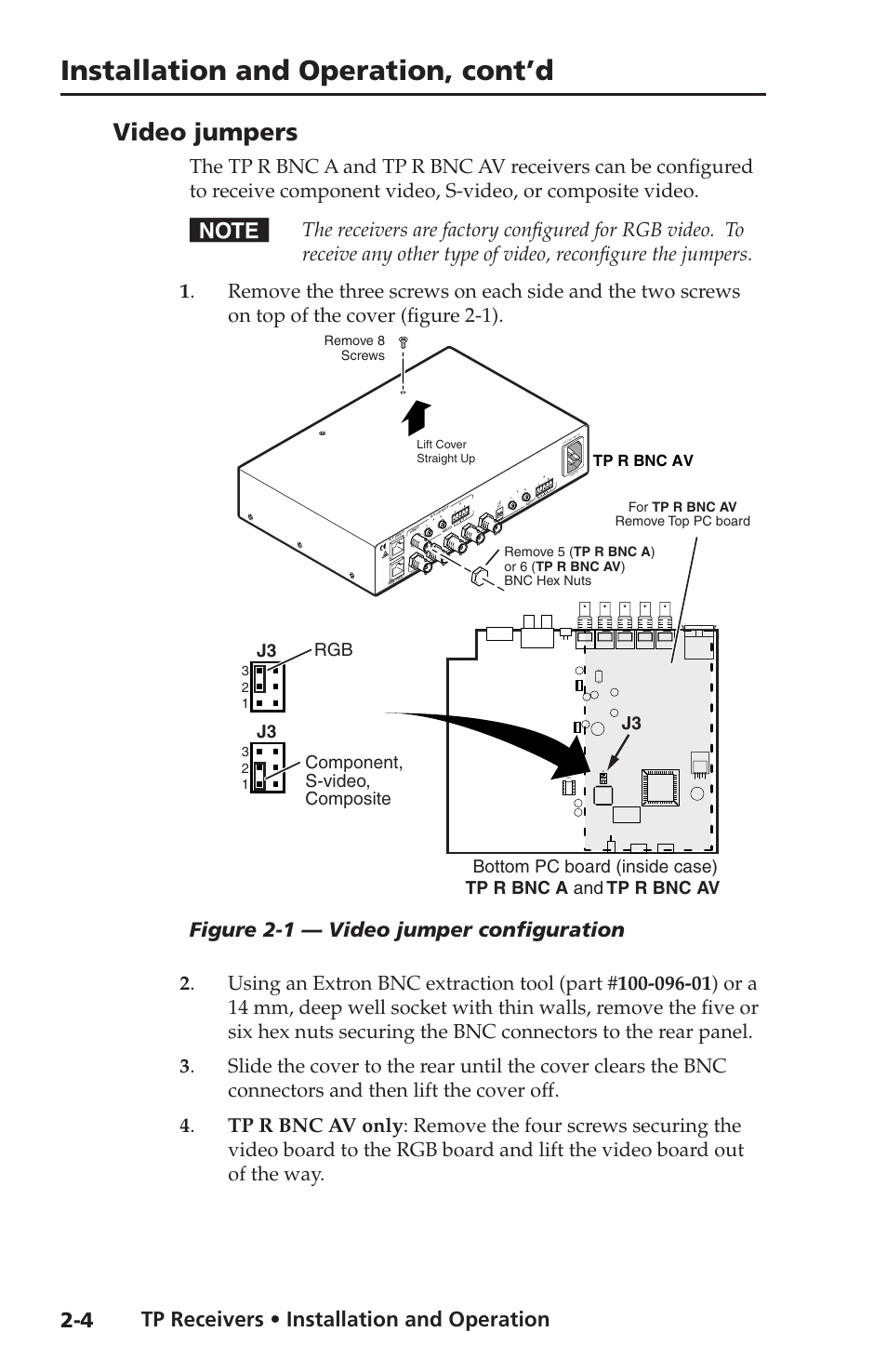 Installation and operation, cont’d, Video jumpers, Tp receivers • installation and operation | Figure 2-1 — video jumper configuration, Component, s-video, composite j3, Tp r bnc av | Extron electronic TP Receivers User Manual | Page 16 / 44