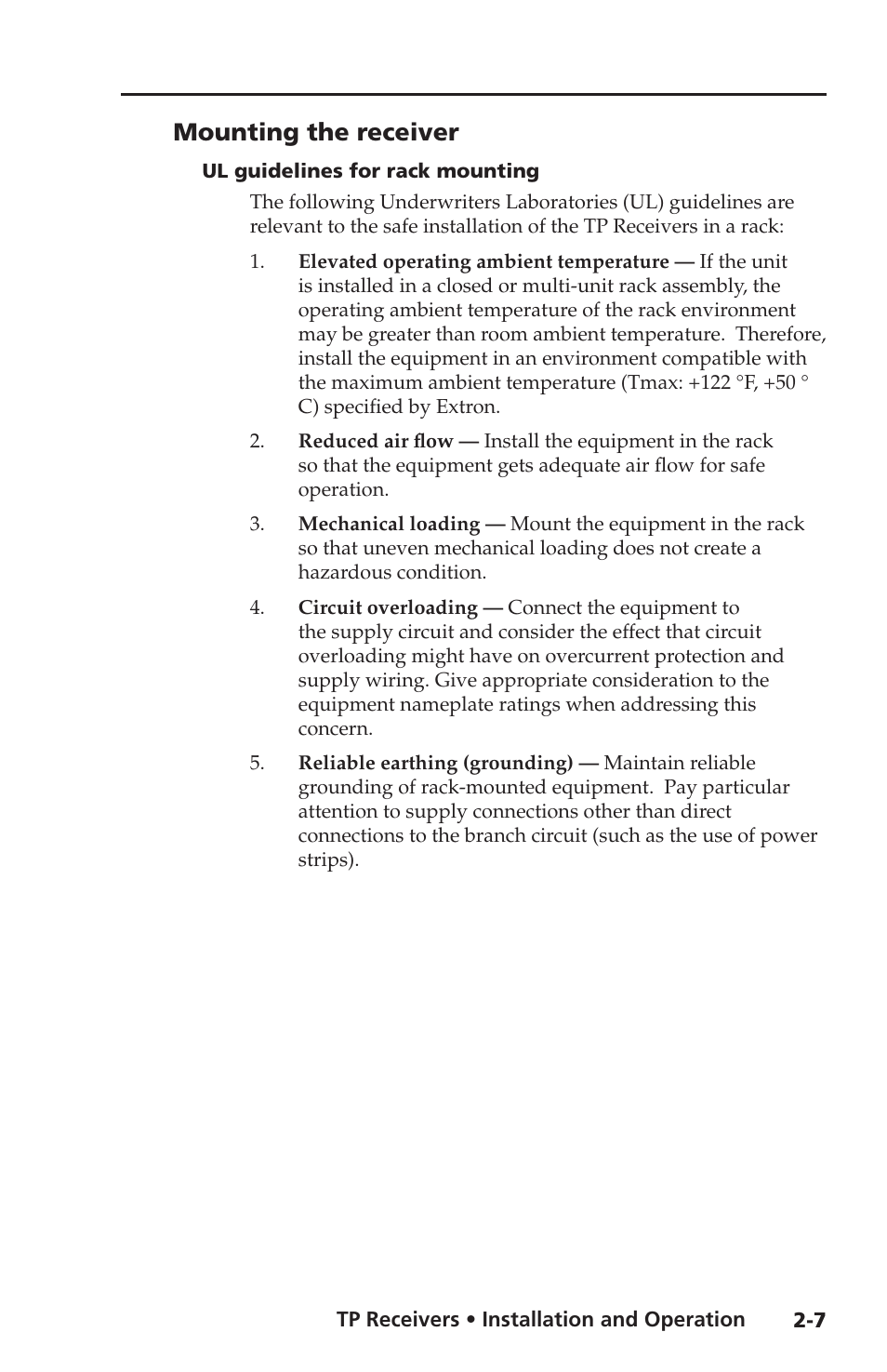 Mounting the receiver, Mounting the receiver -7 | Extron electronic TP Receivers User Manual | Page 19 / 44