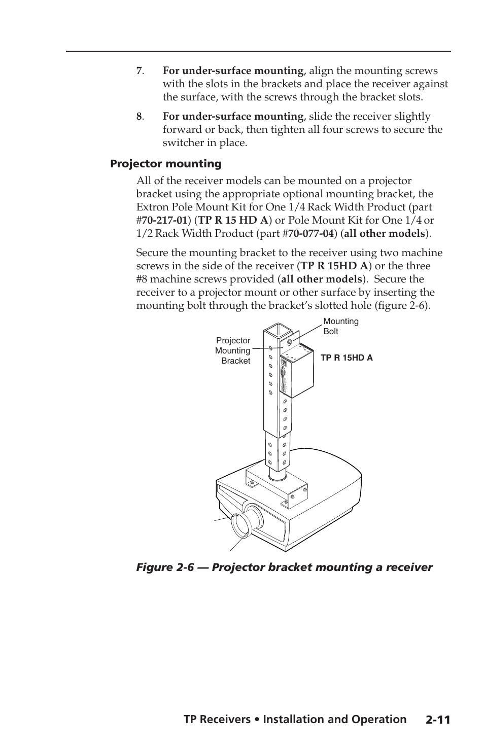 Projector mounting, Tp receivers • installation and operation, Figure 2-6 — projector bracket mounting a receiver | Extron electronic TP Receivers User Manual | Page 23 / 44