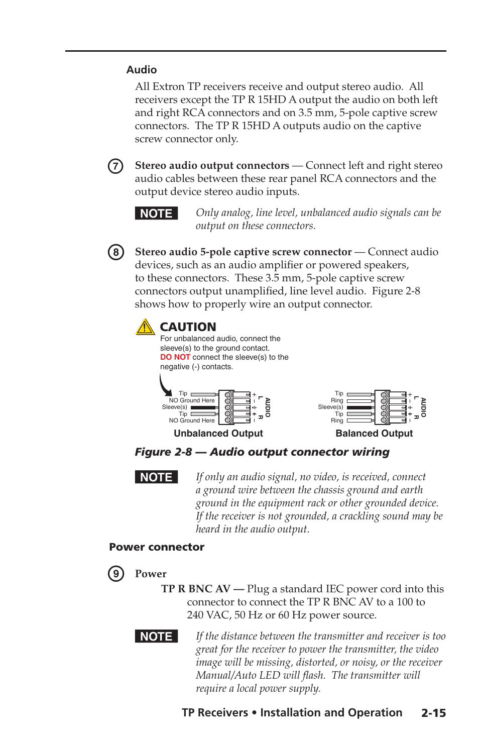 Audio, Power connector, Caution | Extron electronic TP Receivers User Manual | Page 27 / 44