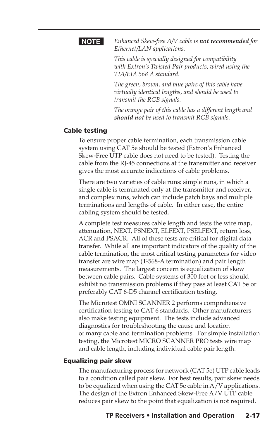 Cable testing, Equalizing pair skew | Extron electronic TP Receivers User Manual | Page 29 / 44