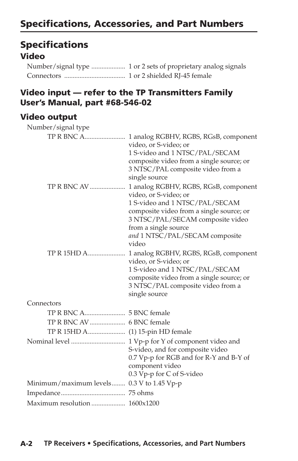 Specifications, Video | Extron electronic TP Receivers User Manual | Page 36 / 44