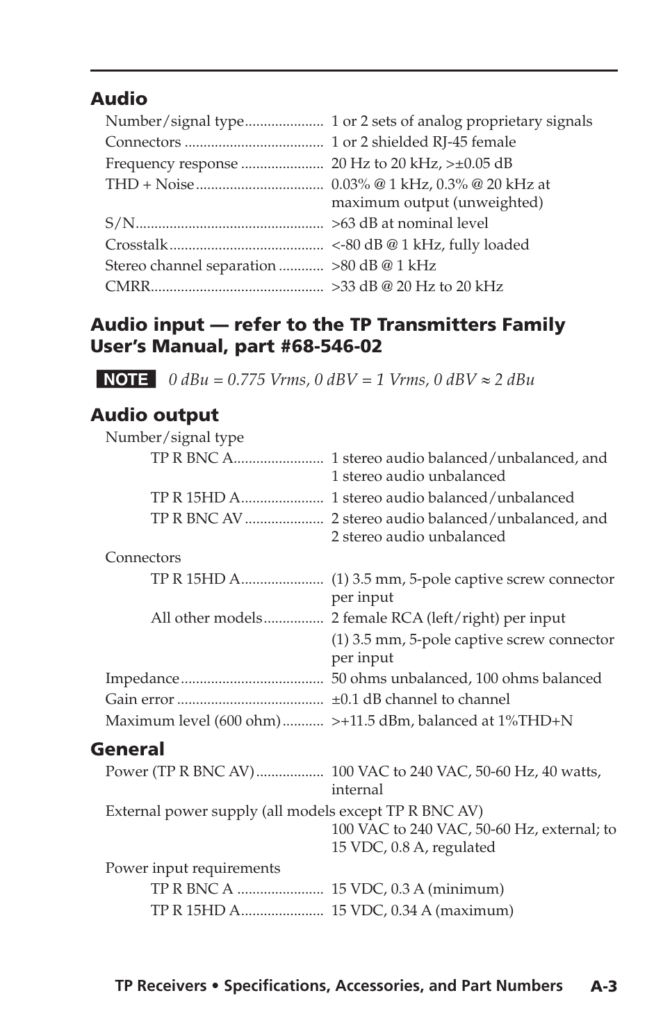 Audio, Audio output, General | Extron electronic TP Receivers User Manual | Page 37 / 44