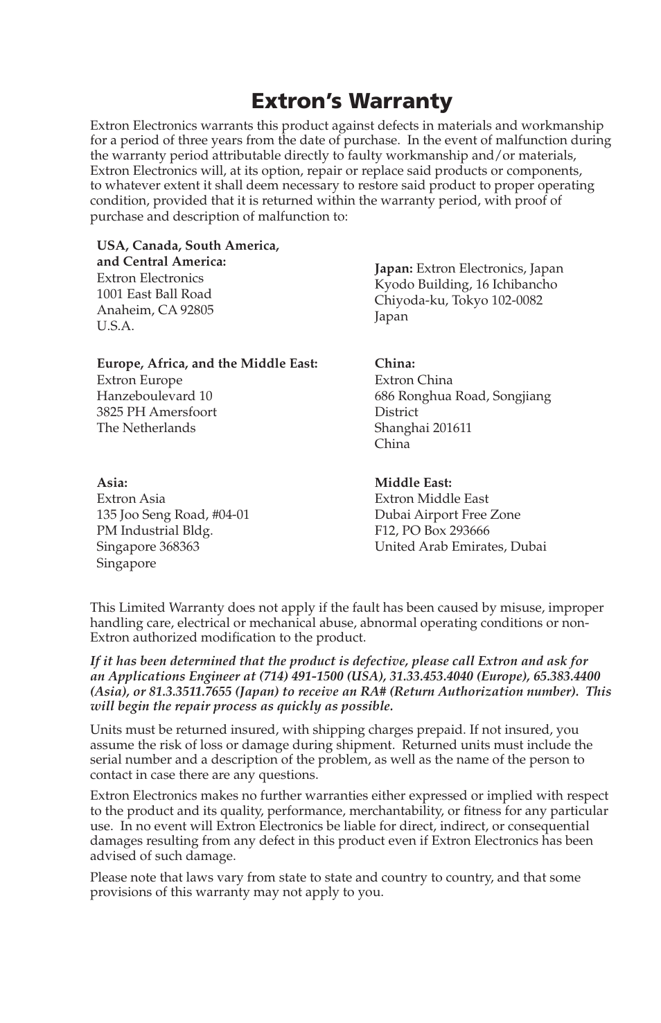 Extron’s warranty, Warranty | Extron electronic TP Receivers User Manual | Page 43 / 44