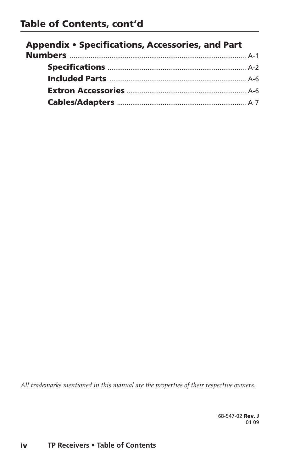 Table of contents, cont’d, Appendix • specifications, Accessories, and part numbers | Extron electronic TP Receivers User Manual | Page 6 / 44