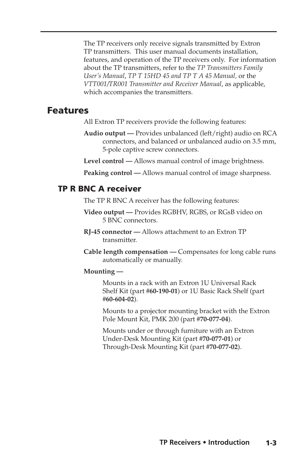 Features, Tp r bnc a receiver, Tp r bnc a receiver -3 | Extron electronic TP Receivers User Manual | Page 9 / 44