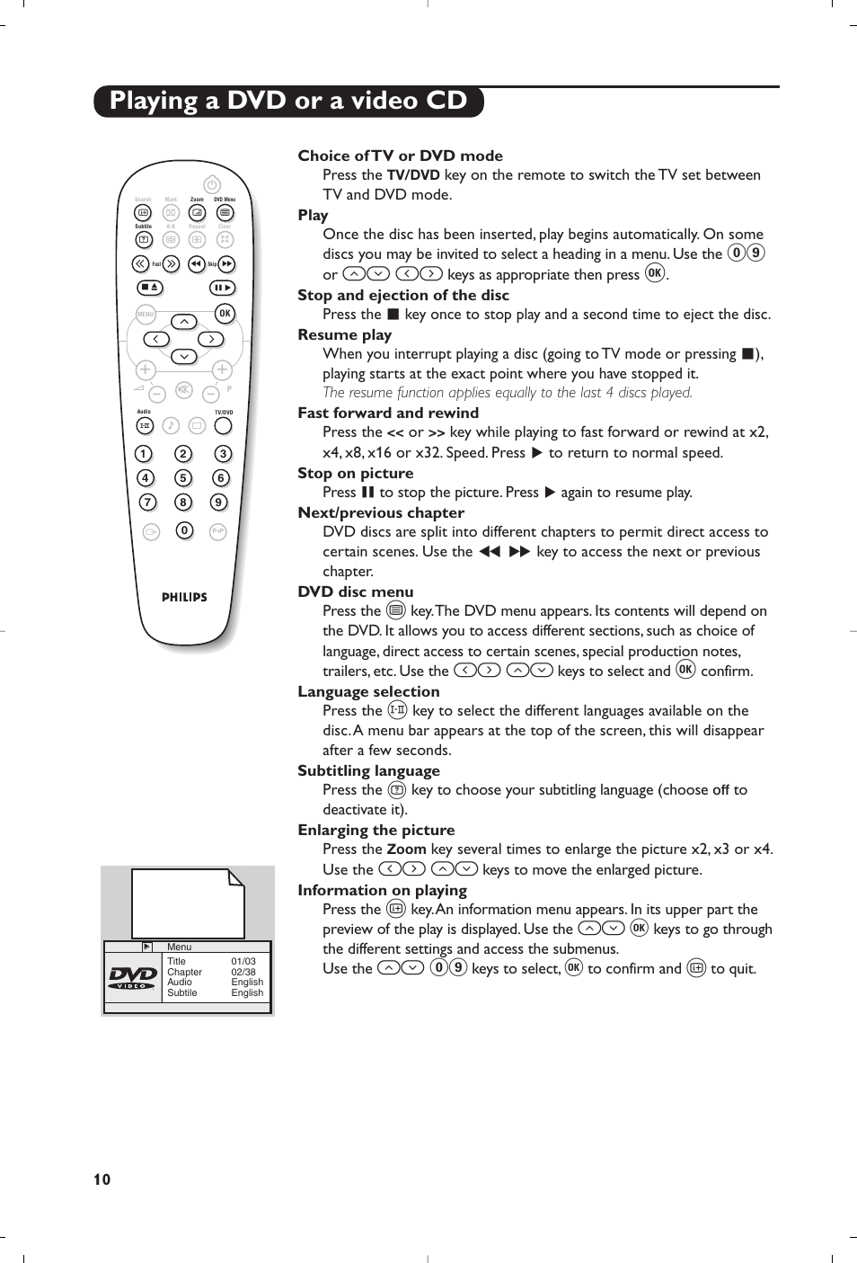 Playing a dvd or a video cd, Оп и, И¬ оп | Îï u, Îï 09 | Philips 14PT6107 User Manual | Page 10 / 112