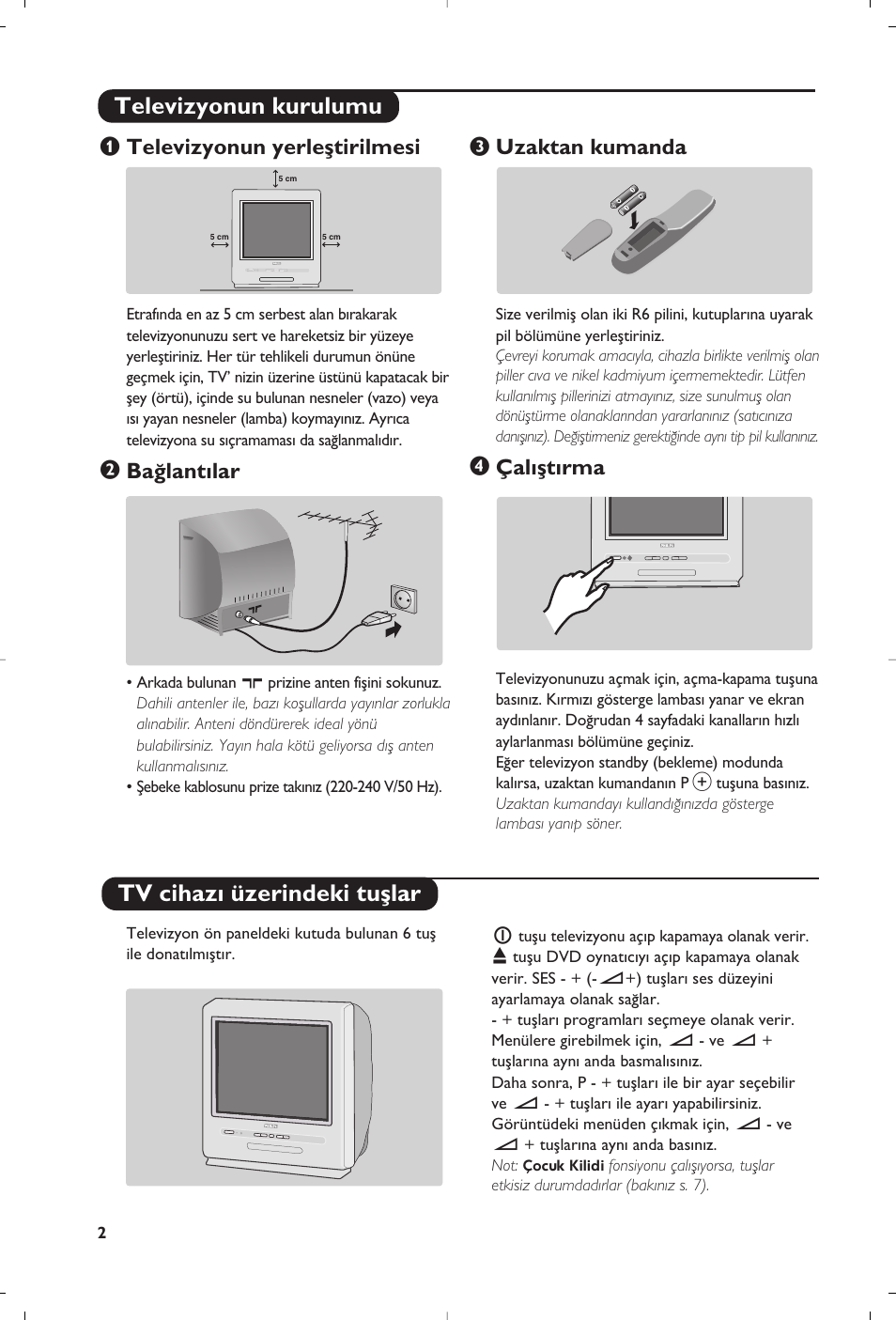 Televizyonun kurulumu tv cihaz› üzerindeki tuﬂlar, Televizyonun yerleﬂtirilmesi, Ba¤lant›lar | Uzaktan kumanda, Çal›ﬂt›rma | Philips 14PT6107 User Manual | Page 100 / 112