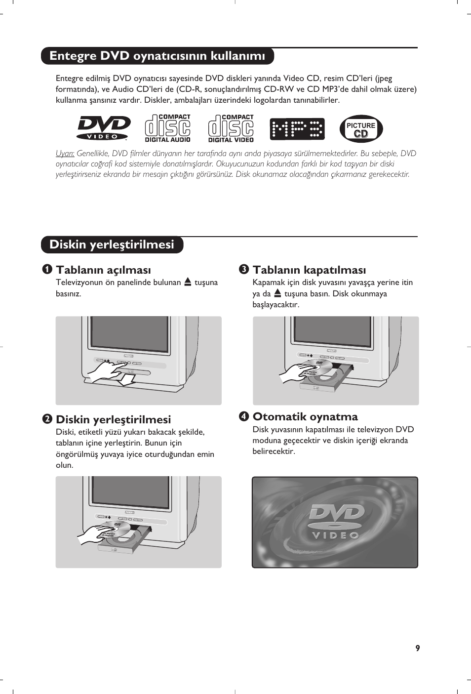 Tablan›n aç›lmas, Diskin yerleﬂtirilmesi, Tablan›n kapat›lmas | Otomatik oynatma | Philips 14PT6107 User Manual | Page 107 / 112