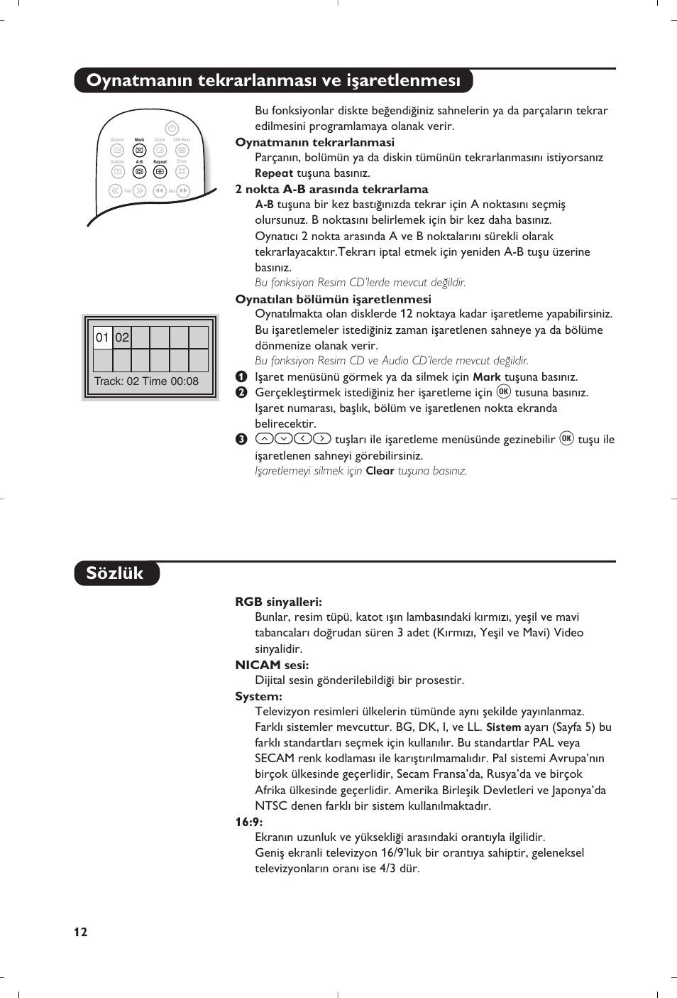 Oynatman›n tekrarlanmas› ve iﬂaretlenmes, Sözlük | Philips 14PT6107 User Manual | Page 110 / 112