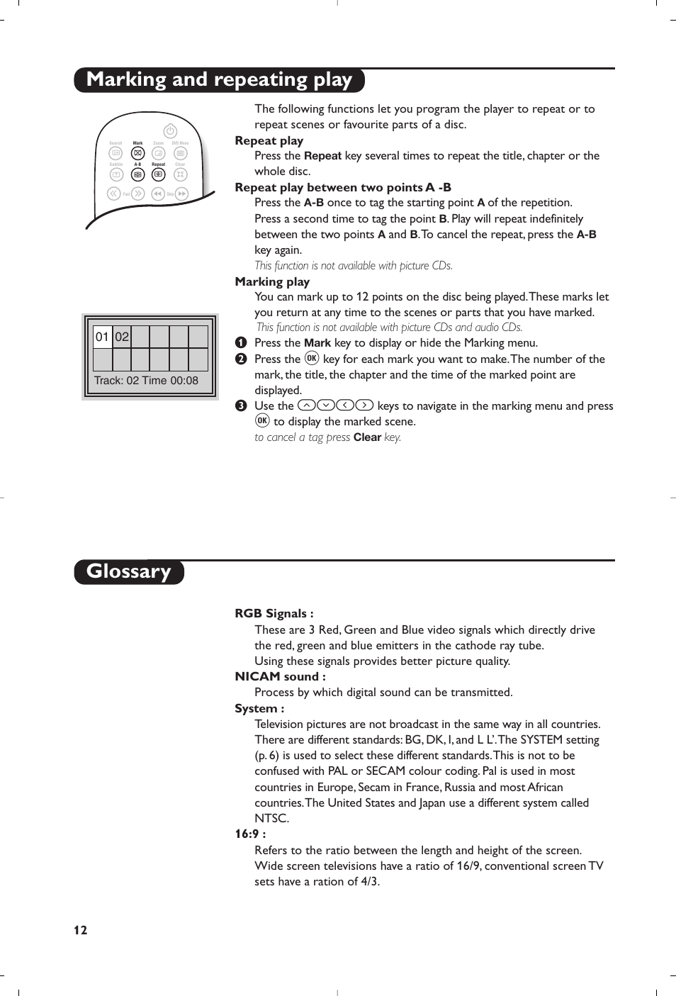 Marking and repeating play, Glossary | Philips 14PT6107 User Manual | Page 12 / 112