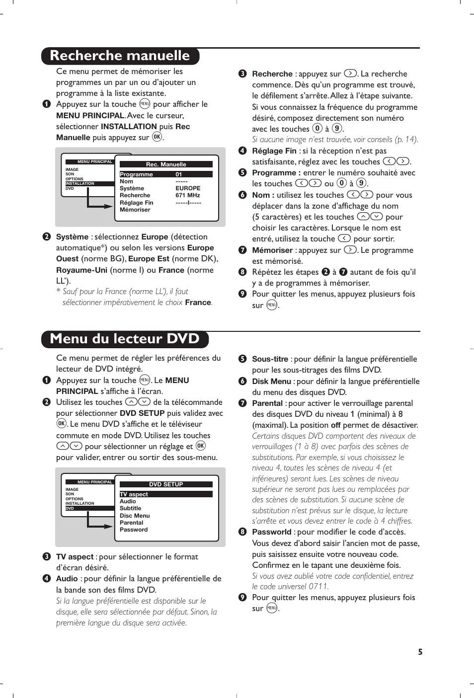 Recherche manuelle menu du lecteur dvd | Philips 14PT6107 User Manual | Page 19 / 112