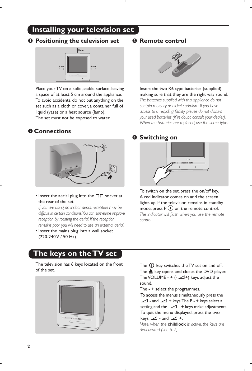 Positioning the television set, Connections, Remote control | Switching on | Philips 14PT6107 User Manual | Page 2 / 112